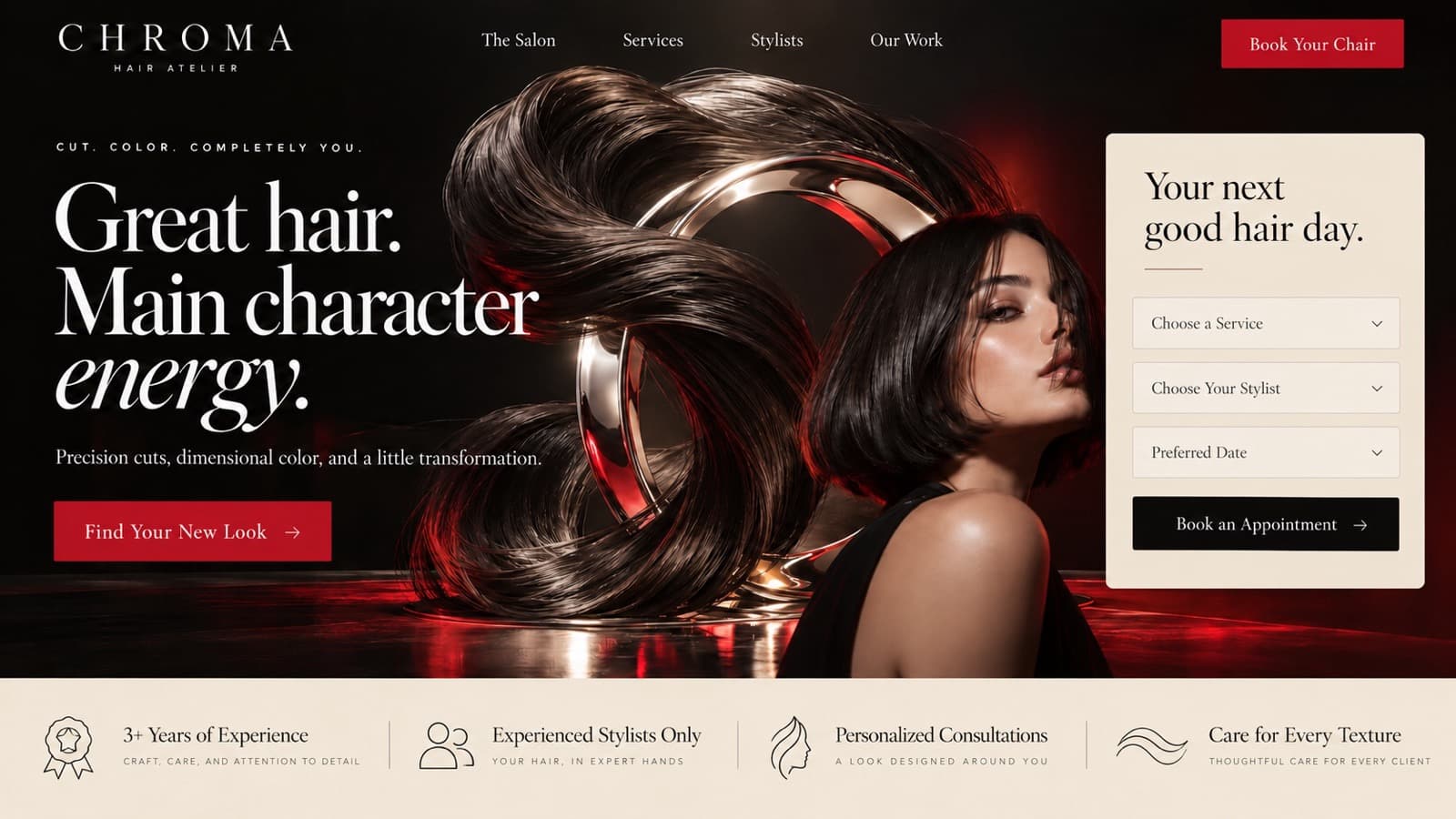 Chroma Hair Atelier website design: Great hair. Main character energy.